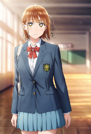 A young woman short, light brown hair and brown eyes standing in a brightly lit room. She is dressed in a school uniform, which includes a blue blazer with a gold emblem on the left breast pocket, a white shirt with a red bow tie, and a pleated blue skirt. The background shows an empty classroom with wooden flooring, a green chalkboard, and large windows on the left side, allowing sunlight to flood the space. 