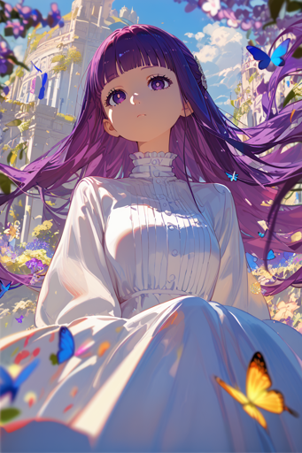 A young woman with long, flowing purple hair and purple eyes sitting in a clearing. She is wearing a white, high-collared, long-sleeved dress with a ruffled neckline. In the background, there is a vibrant, sunlit scene with lush greenery, blooming flowers, colorful butterflies, and a clear blue sky with a few clouds. In the distance, architectural elements that resemble a ruined castle or a grand mansion add a touch of fantasy to the scene.