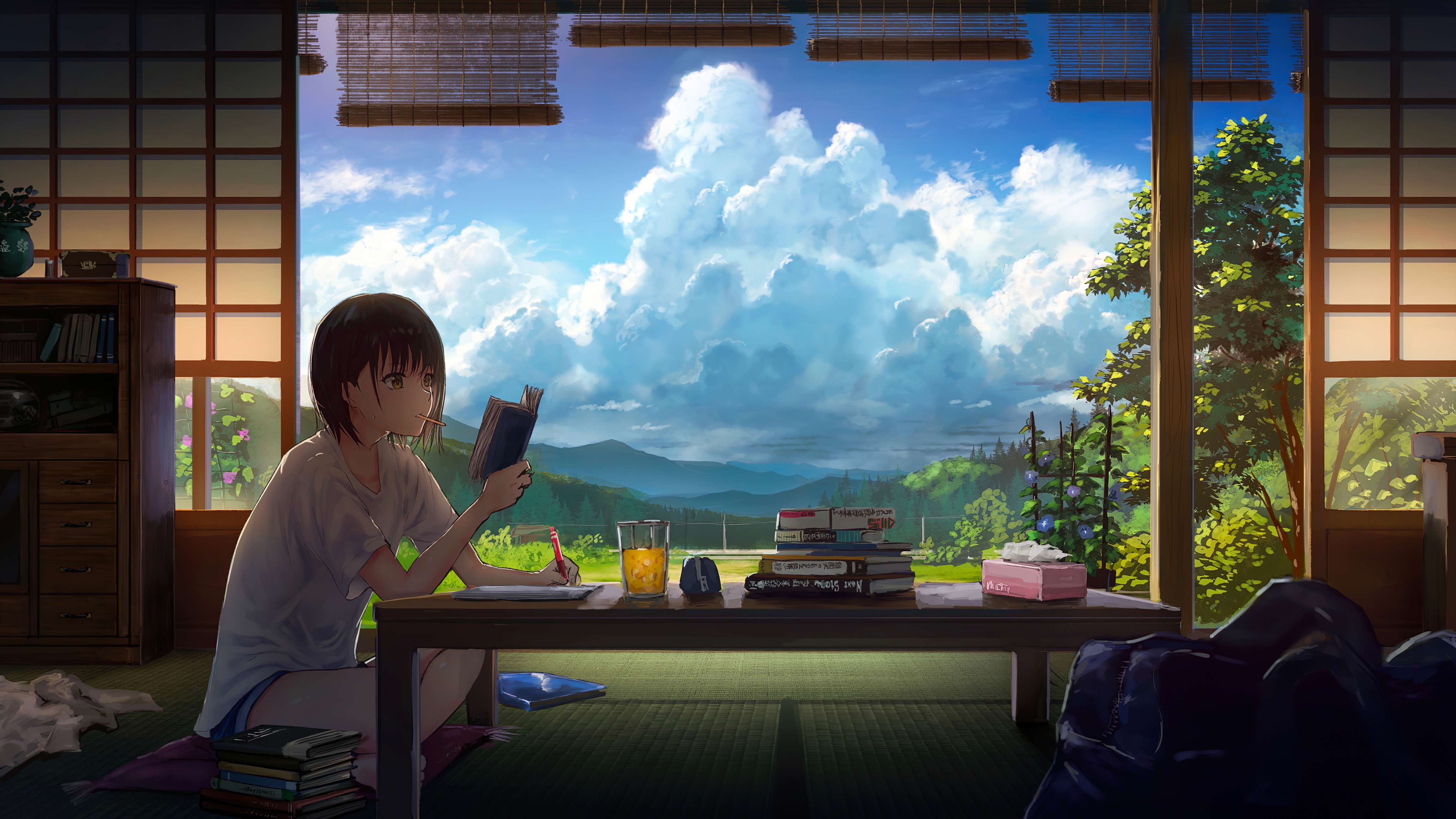 Japanese school girl doing her homework in front of a tranquil scene