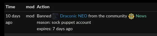 Modlog showing my user being falsely banned as a "sock puppet account" from c/news@lemmy.world