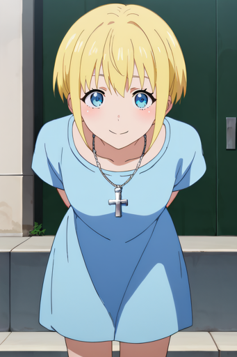 A young woman with blue eyes, short blonde hair, and a shy smile. She wears a loose-fitting, light blue, short-sleeved dress that falls to her mid-thigh, with a slightly oversized, casual look. Around her neck is a silver necklace with a cross pendant. The background is an entrance with a green door and beige walls. The girl is leaning forward holding her hands behind her back, creating a friendly, approachable demeanor. 