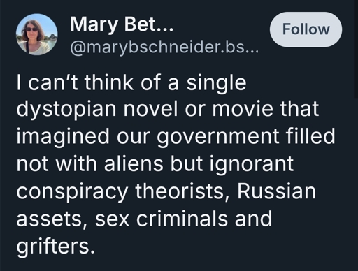 I can’t think of a single dystopian novel or movie that imagined our government filled not with aliens but ignorant conspiracy theorists, Russian assets, sex criminals and grifters.