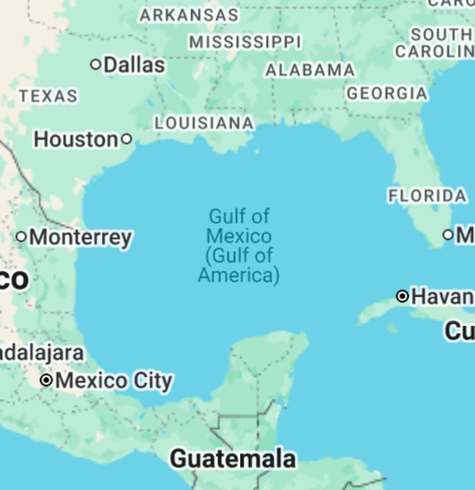 Google Maps screenshot of the Gulf of Mexico being named "Gulf of Mexico (Gulf of America)"